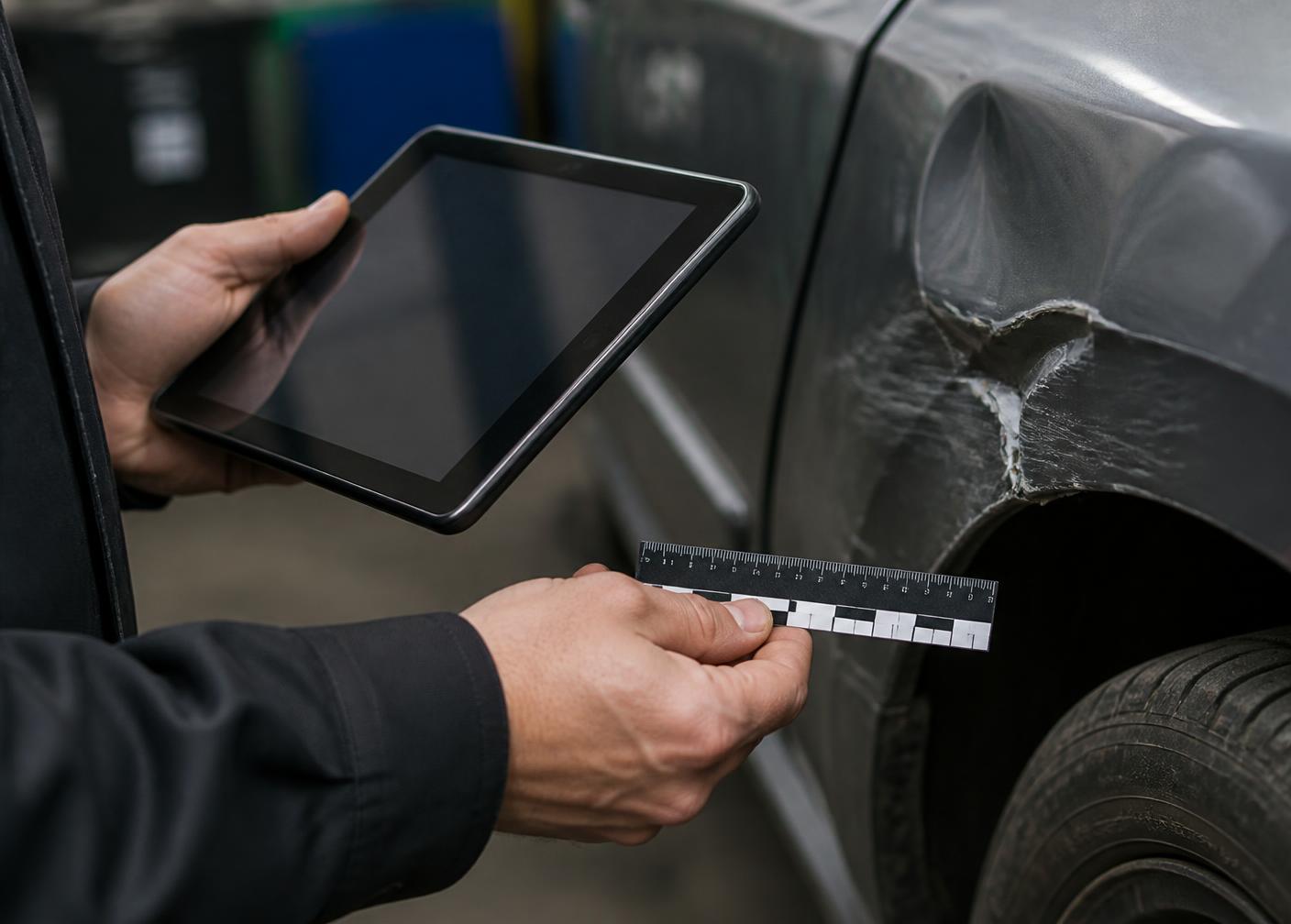 Technische Schadenaufnahme an einem beschädigten Fahrzeug