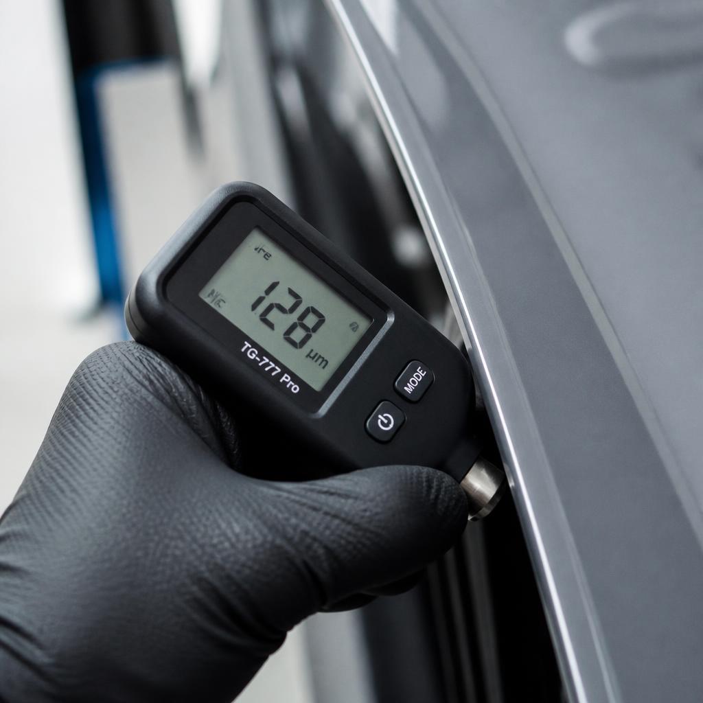 Detailaufnahme einer technischen Fahrzeugprüfung mit digitalem Messgerät an der Karosserie
